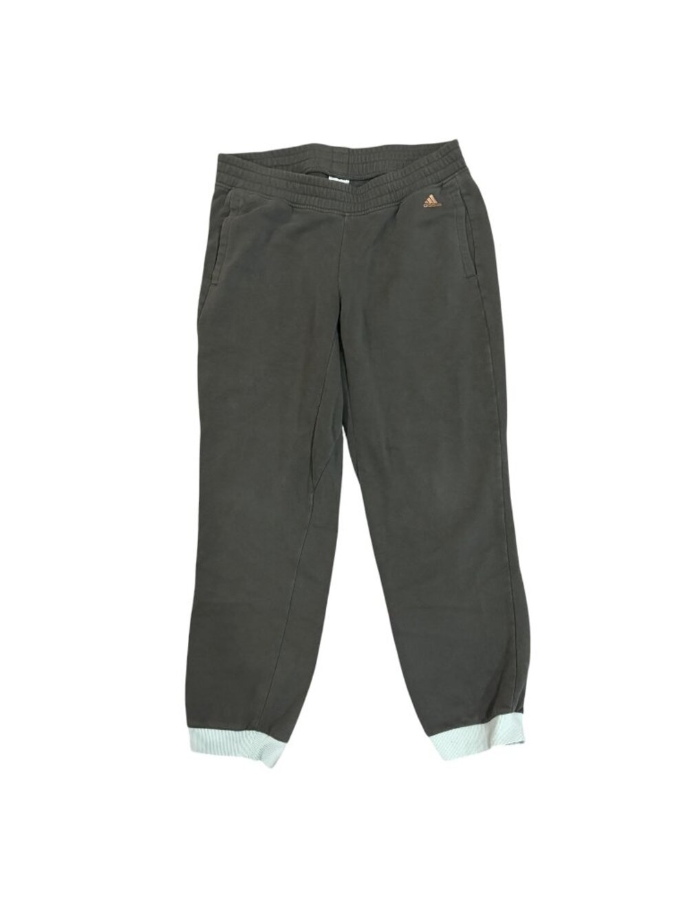 Adidas Women's Size L Dark Green Fleece Joggers Sweatpants Light Blue Cuffs Gold